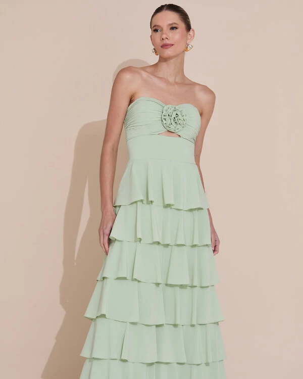 Vestido de Festa Longo Crepe Chiffon Tomara que Caia Plissado Flor Camadas Verde Menta New
