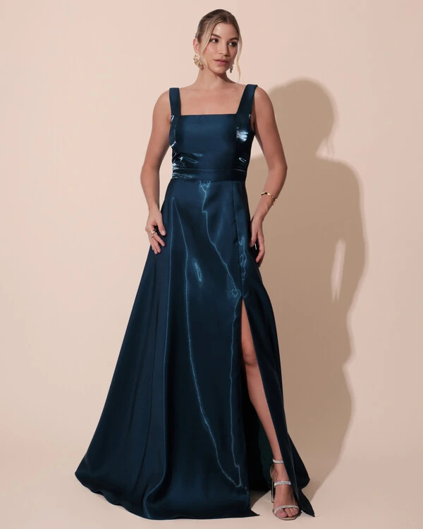 Vestido de Festa Longo Zibeline Cristal com Fenda e Faixa Azul Petróleo