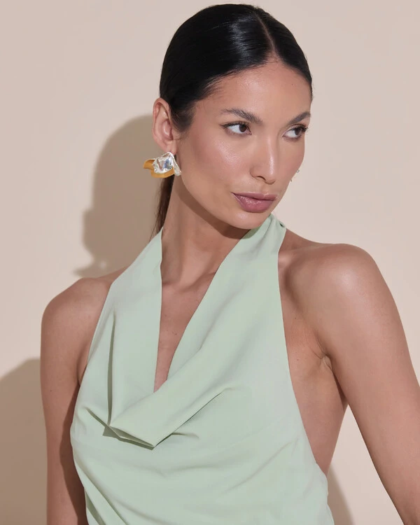 Vestido De Festa Longo Frente Única Degagê Crepe Chiffon Babados Mullet Verde Menta New