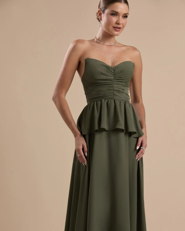 Vestido de Festa Longo Crepe Chiffon Tomara que Caia Peplum Drapeado Verde Oliva