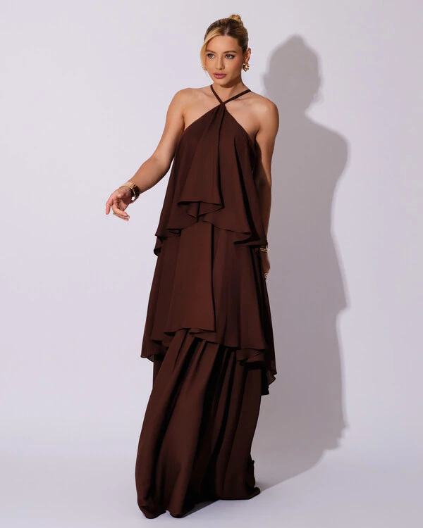 Vestido Longo Babado em Camadas Marrom