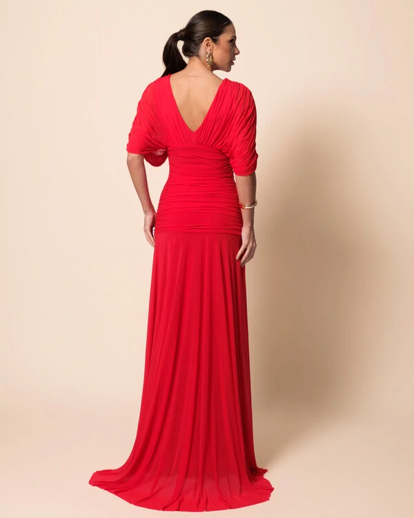 Vestido de Festa Longo Tule Manga Curta Drapeado Vermelho