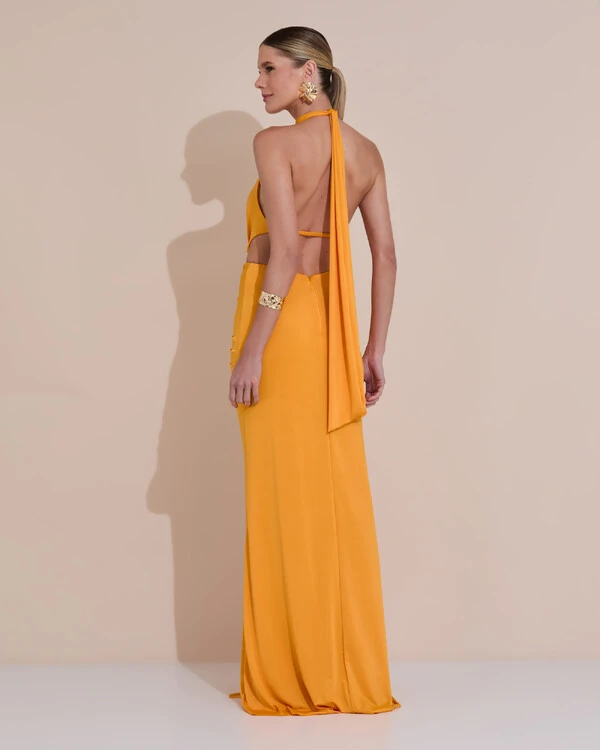Vestido de Festa Longo Malha Jersey Gola Alta Saia Sereia Laranja Manga New