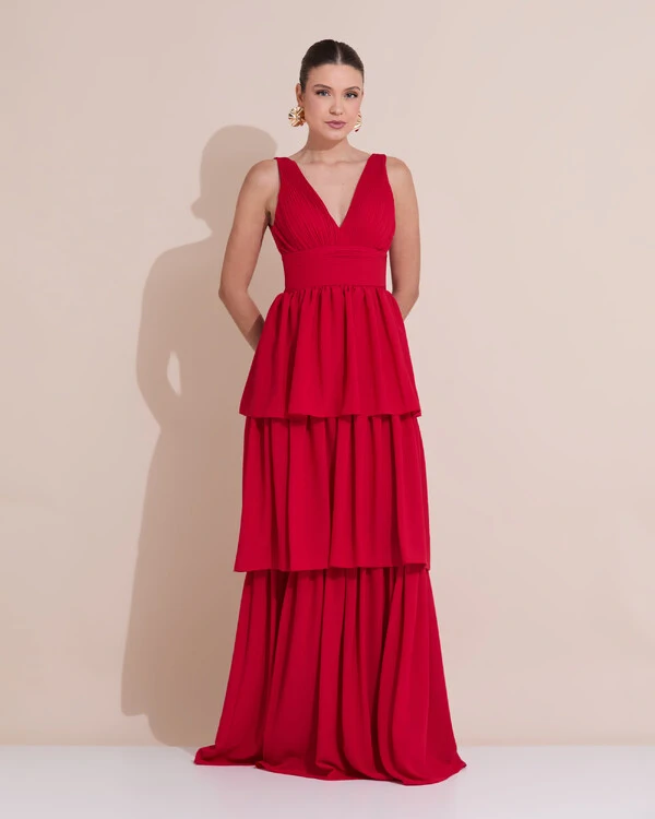 Vestido de Festa Longo Decote V Crepe Chiffon Plissado Camadas Babado Vermelho