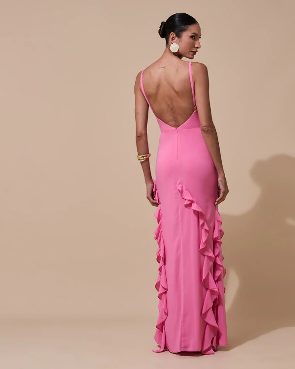 Vestido de Festa Longo Alças Finas Crepe Chiffon Babado Cascata Fenda Costas V Rosa