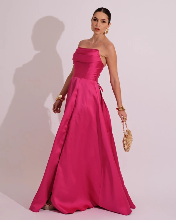 Vestido de Festa Longo Tomara que Caia Trançado Costa em Zibeline Pink