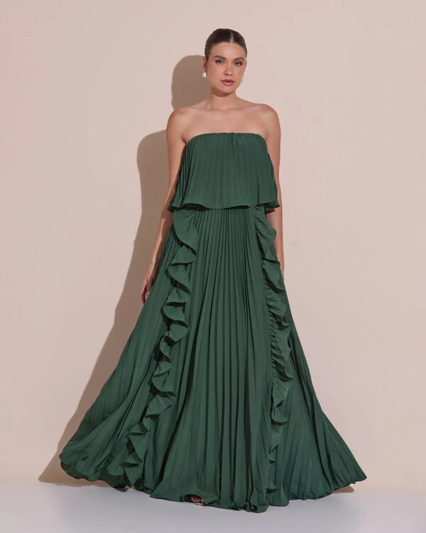 Vestido de Festa Longo Crepe Chiffon Tomara que Caia Plissado com Babado Cascata Verde Escuro New