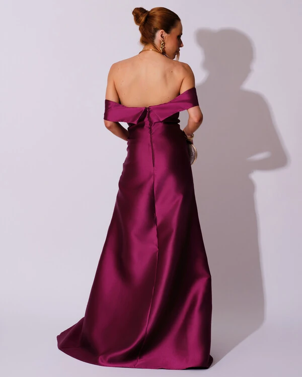 Vestido de Festa Longo Zibeline Ombro a Ombro Drapeado e Fenda Fúcsia