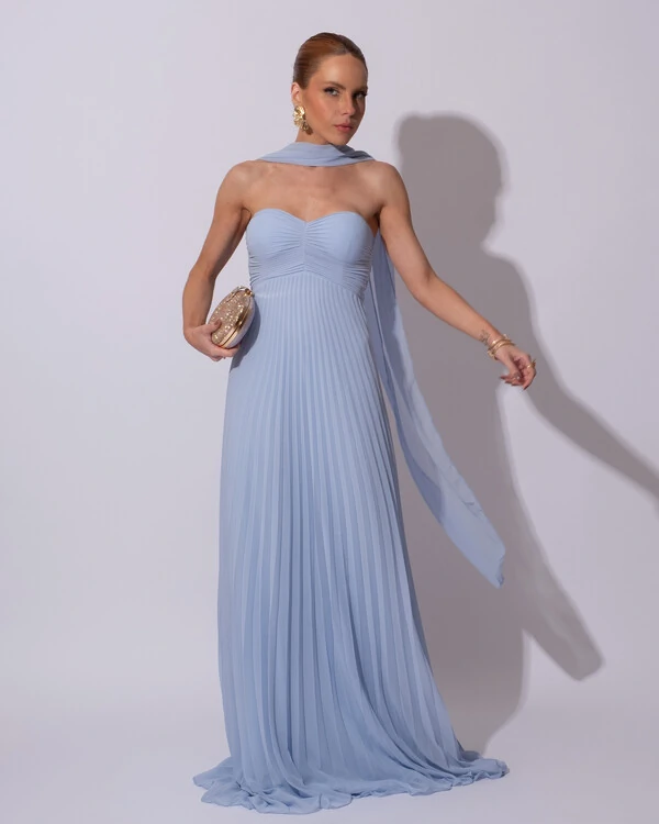 Vestido de Festa Longo Tomara que Caia Grife Plissado com Lenço Serenity