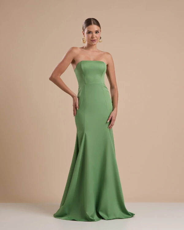 Vestido de Festa Longo Alfaiataria Tomara que Caia Saia Sereia Verde Matcha