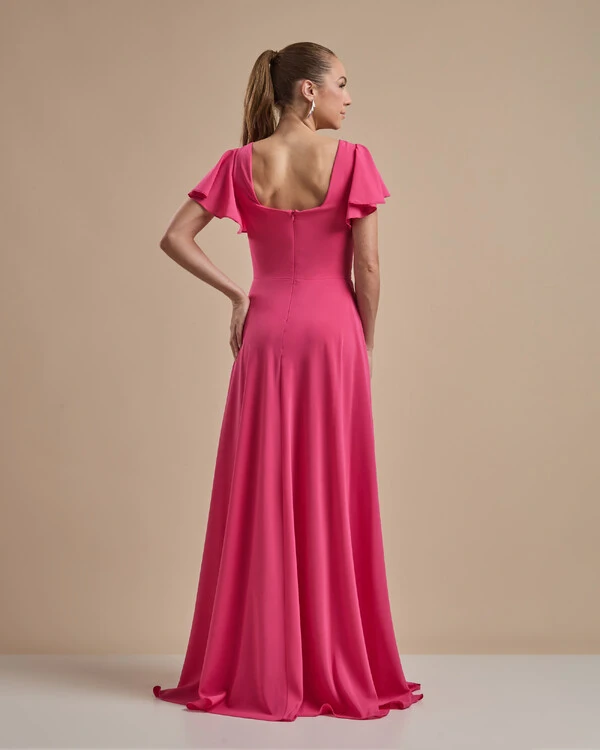 Vestido de Festa Longo Crepe Chiffon Manga Babado e Fenda Pink New