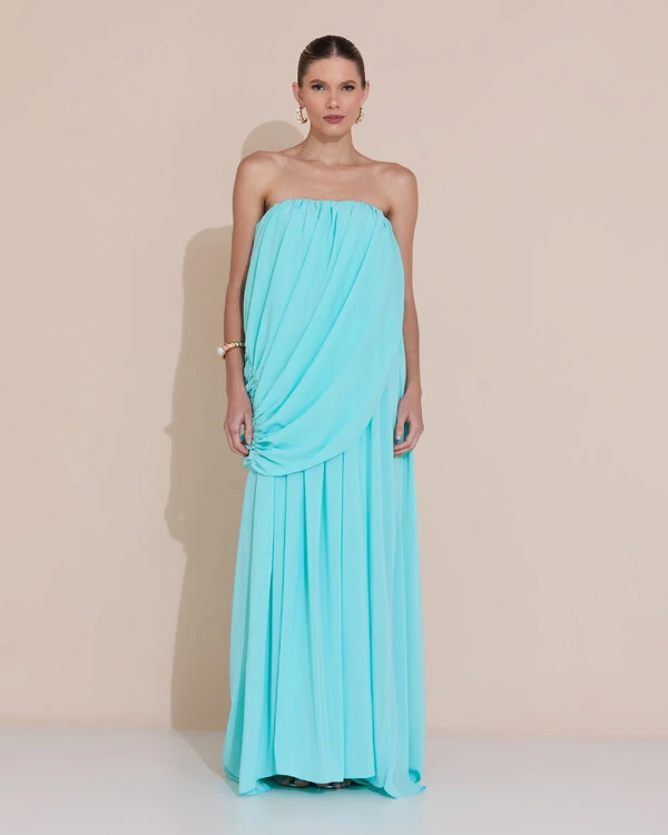 Vestido de Festa Longo Tomara Que Caia Crepe Chiffon Drapeado Tiffany