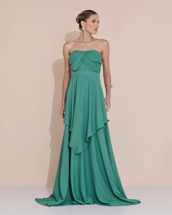Vestido de Festa Longo Tomara que Caia Crepe Chiffon Drapeado Camadas Verde Matcha Escuro