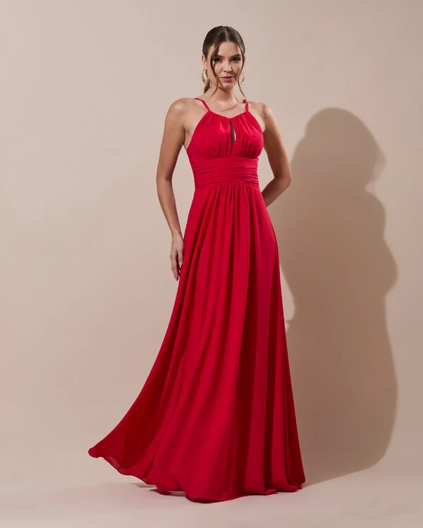 Vestido de Festa Longo Crepe Chiffon Drapeado com Alças e Saia Fluida Vermelho