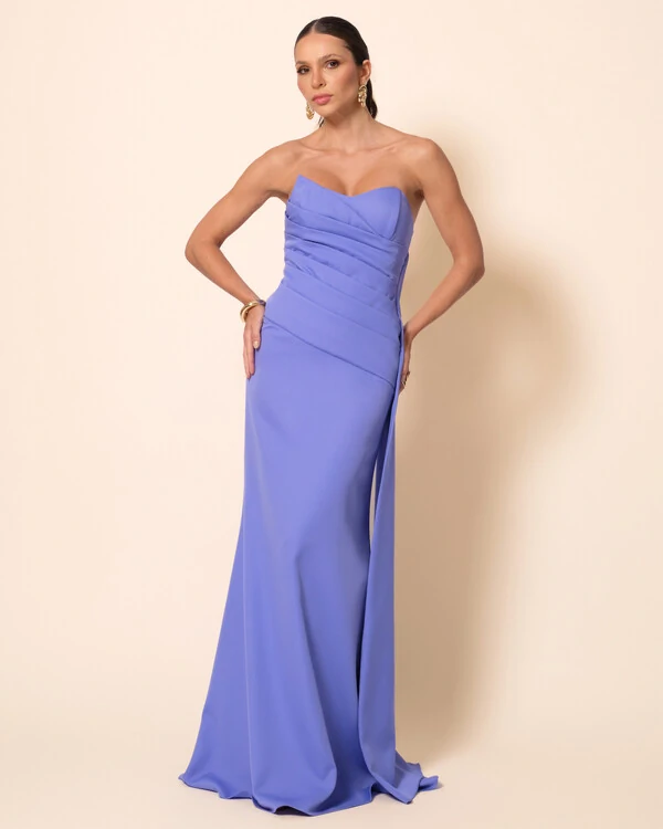 Vestido de Festa Longo Alfaiataria Tomara que Caia Drapeado Faixa Lilás