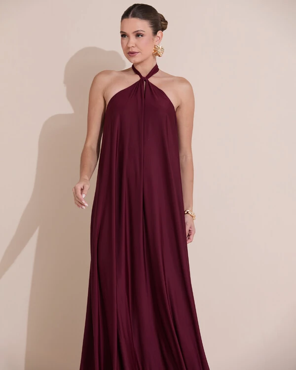 Vestido Longo com Amarração em Malha Marsala Escuro