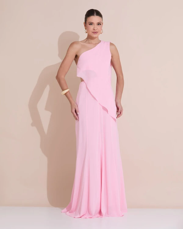 Vestido de Festa Longo Um Ombro Só Crepe Chiffon Lenço Rosa Claro