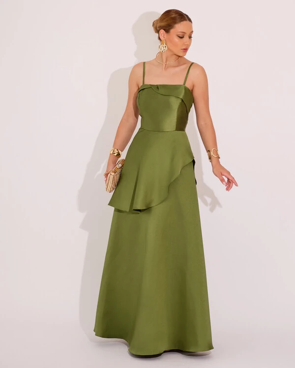 Vestido de Festa Zibeline Tomara que Caia com Recortes e Camadas Verde Oliva