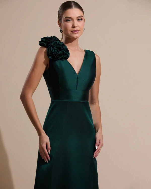 Vestido de Festa longo Zibeline Decote em V com Flores Removivel Verde Escuro