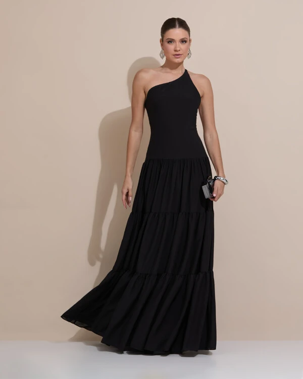 Vestido de Festa Longo Um ombro Só Crepe Chiffon Saia Fluida Preto