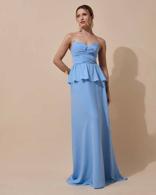 Vestido de Festa Longo Crepe Chiffon Tomara que Caia Peplum Drapeado Serenity