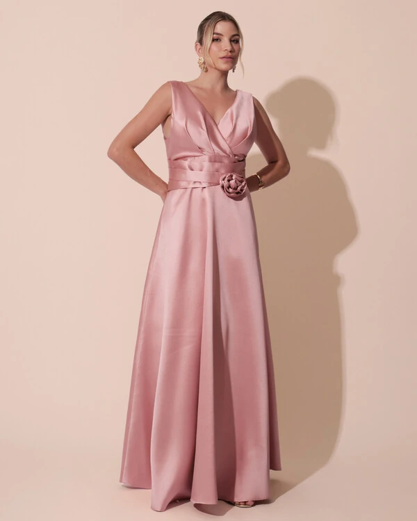Vestido de Festa Longo Plus Size Zibeline Faixa e Flor Rose