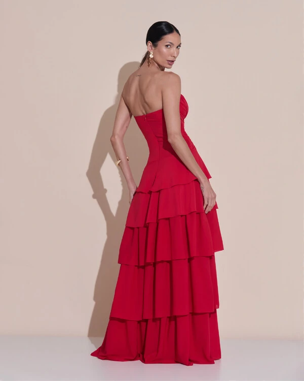 Vestido de Festa Longo Tomara que Caia Drapeado Crepe Chiffon Babados Camadas Vermelho