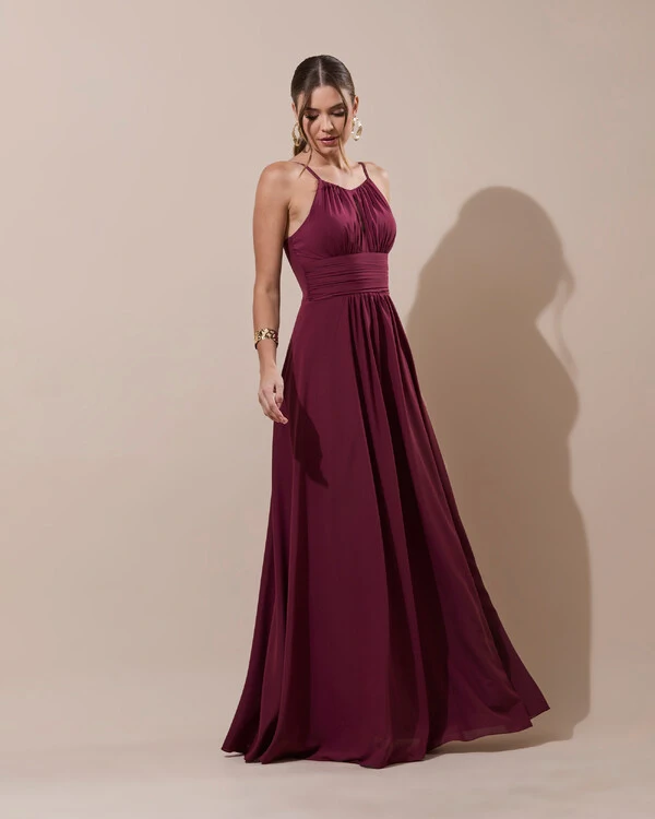Vestido de Festa Longo Crepe Chiffon Drapeado com Alças e Saia Fluida Marsala