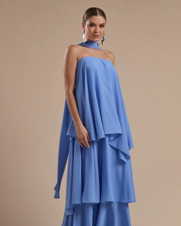 Vestido de Festa Longo Chiffon Crepe em Camadas com Lenço Azul Atlantis
