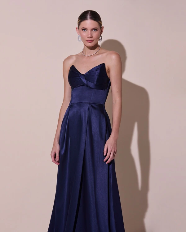 Vestido de Festa Longo Tomara que Caia Cetim Decote Coração Fenda Azul Marinho Escuro