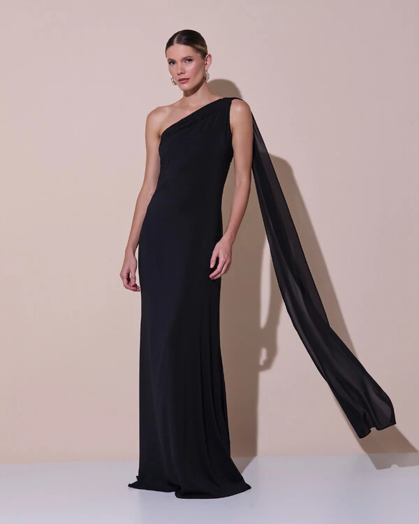 Vestido de Festa Longo Crepe Chiffon Um Ombro Só Drapeado Preto