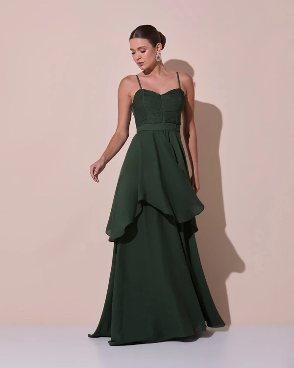 Vestido de Festa Longo Decote Coração Plissado Crepe Chiffon Babados Cascata Verde Escuro New
