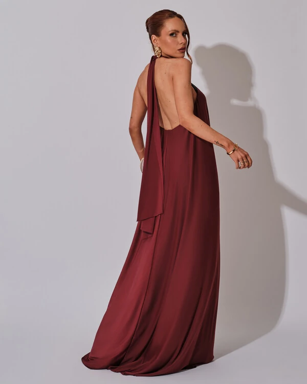 Vestido Longo com Amarração em Malha Marsala Escuro
