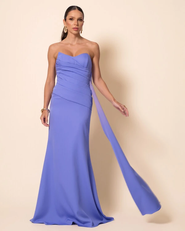 Vestido de Festa Longo Alfaiataria Tomara que Caia Drapeado Faixa Lilás