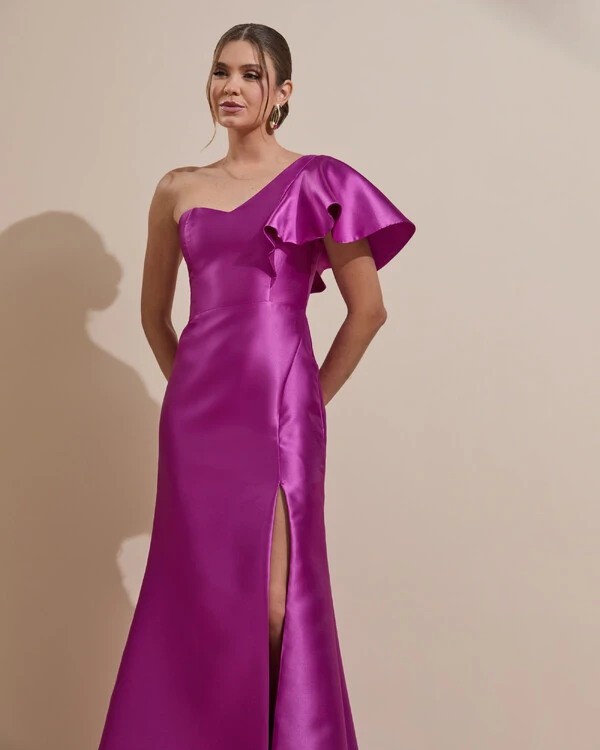 Vestido de Festa Longo um Ombro Tomara que Caia Zibeline Fúcsia