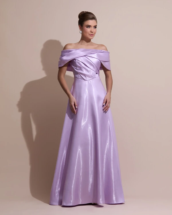 Vestido de Festa Longo Cetim Cristal Ombro a Ombro Drapeado Lilás