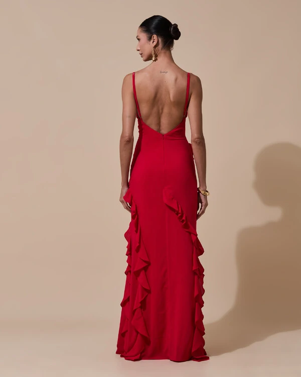 Vestido de Festa Longo Alças Finas Crepe Chiffon Babado Cascata Fenda Costas V Vermelho