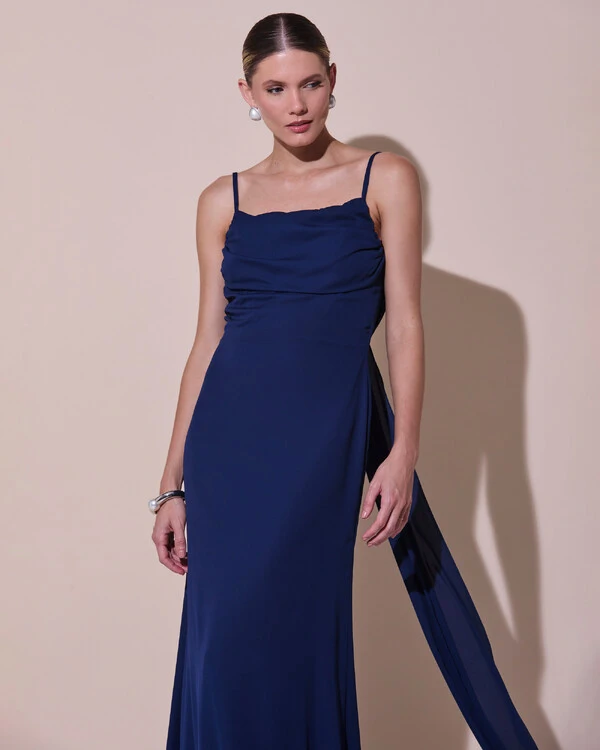 Vestido de Festa Longo Crepe Chiffon Costas Lenço Cauda Azul Marinho New