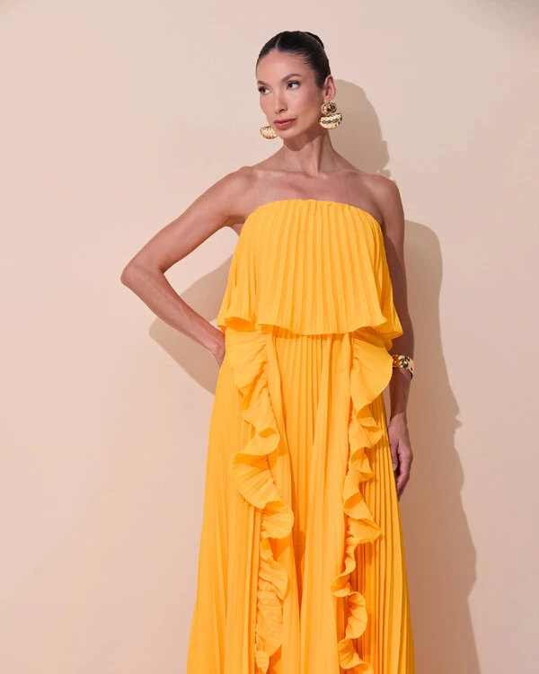 Vestido de Festa Longo Crepe Chiffon Tomara que Caia Plissado com Babado Cascata Laranja Manga New