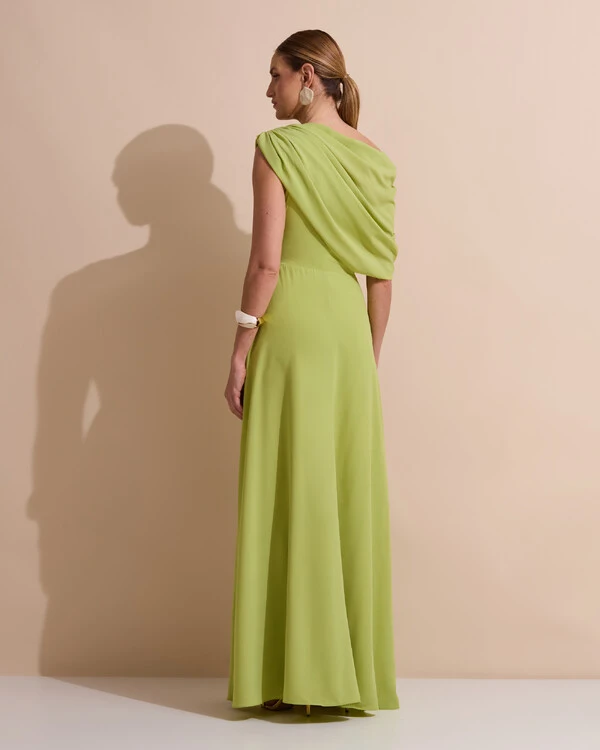 Vestido de Festa Longo Um Ombro Só Crepe Chiffon Capa Drapeado Verde Garden