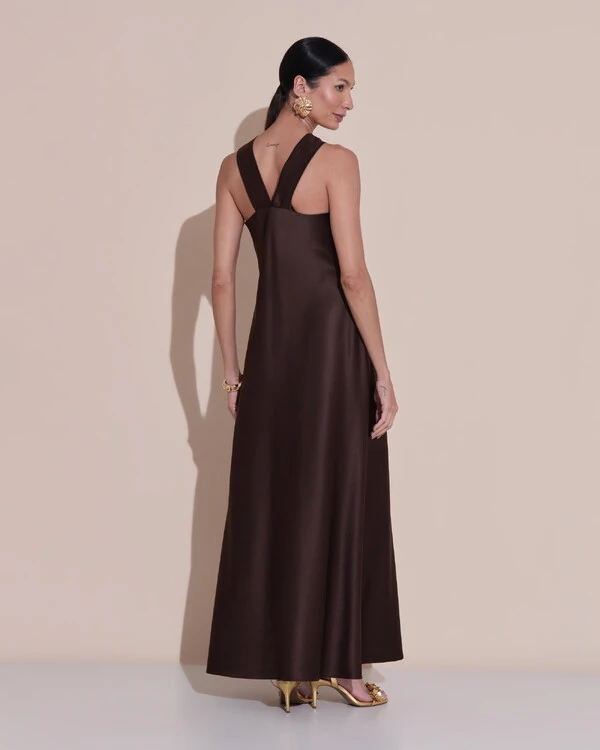 Vestido de Festa Midi Frente Única Cetim Marrom