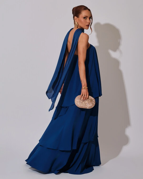 Vestido de Festa Longo Chiffon Crepe em Camadas com Lenço Azul Royal