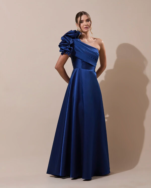 Vestido de Festa Longo Zibeline um Ombro Só Flor Drapeado Azul Marinho