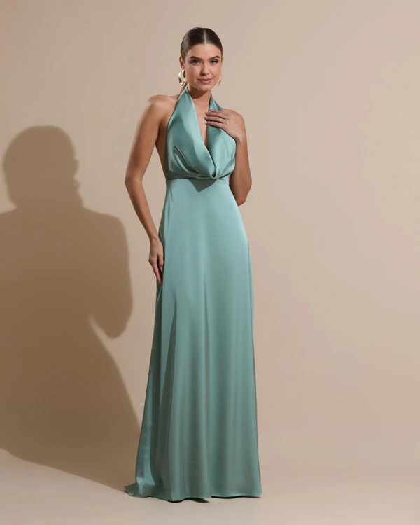 Vestido de Festa Longo Frente Única Degagê Cetim Fluido Verde Menta
