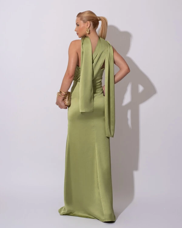 Vestido de Festa Longo Cetim Alfaiataria Tomara que Caia com Faixa Lenço Verde Pistache