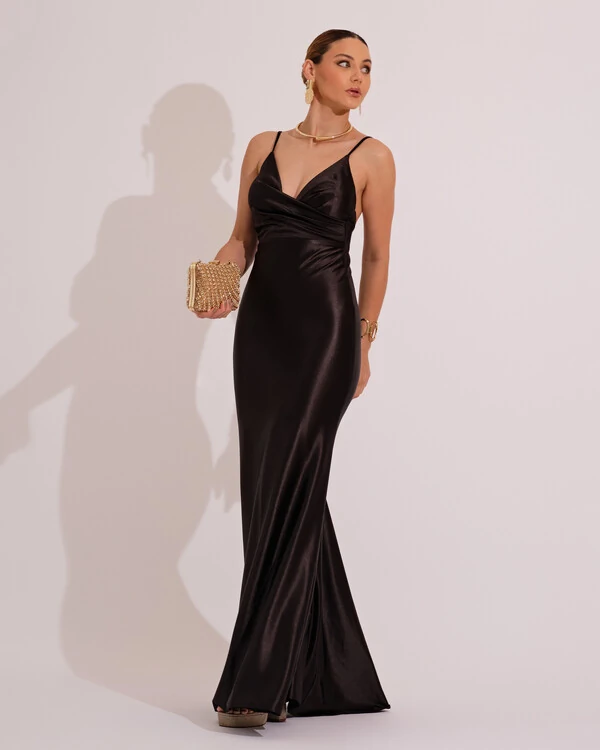 Vestido de Festa Longo Malha Cetim Busto Drapeado Saia Sereia Preto
