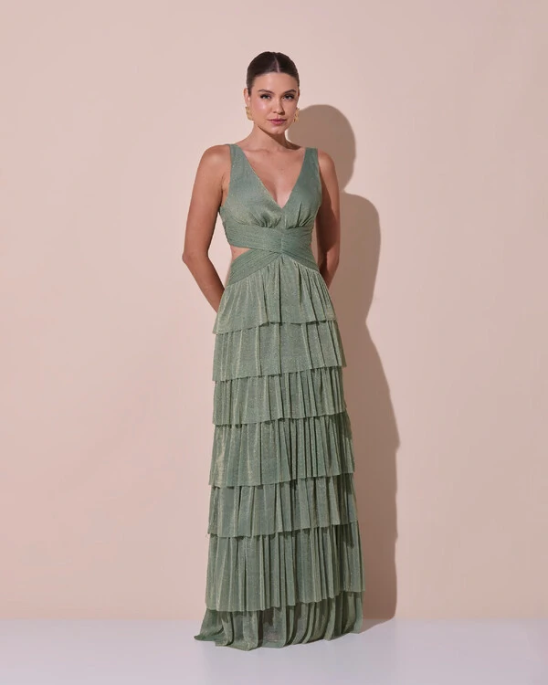 Vestido De Festa Longo Decote V Tule Brilho Recortes Camadas Verde Oliva