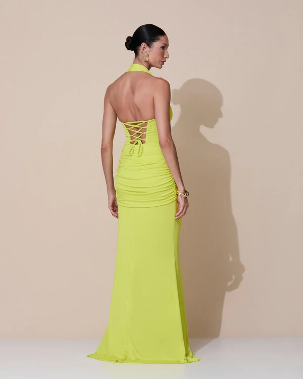 Vestido de Festa Longo Decote Coração Malha Jersey Drapeado Costas Trançada Verde Lima