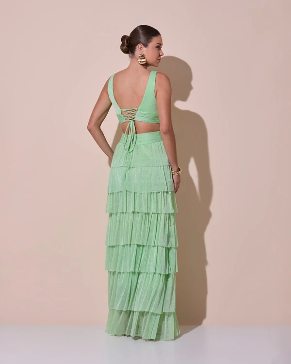 Vestido De Festa Longo Decote V Tule Brilho Recortes Camadas Verde Lima