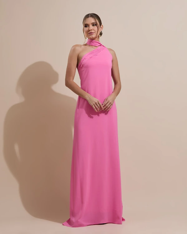 Vestido de Festa Longo Crepe Chiffon Um Ombro Só Drapeado Rosa